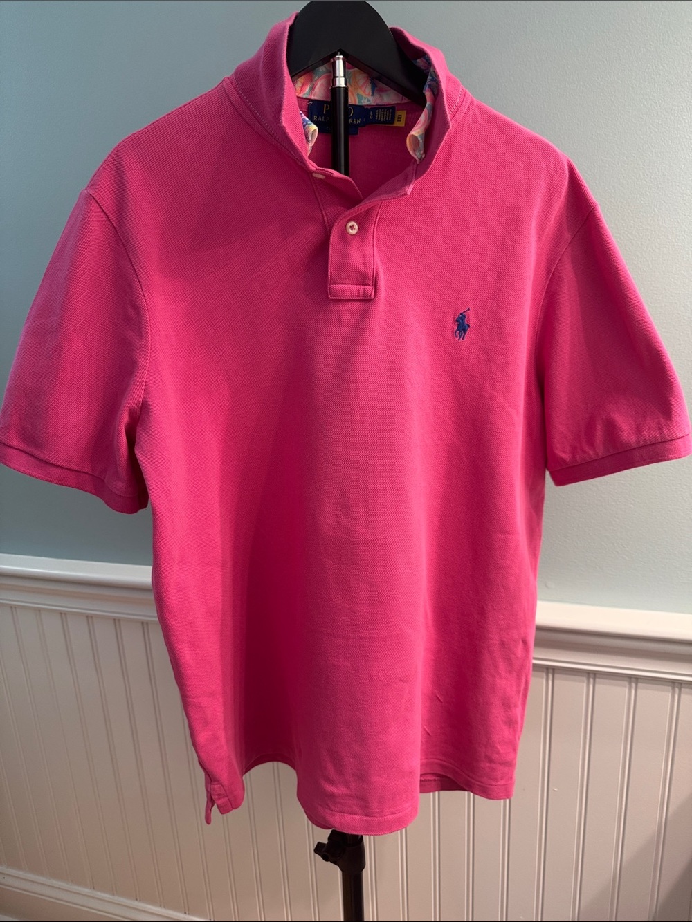 Reimagined  R Lauren  Hot Pink Polo with Navy pony, Lilly inspired ruffle collar